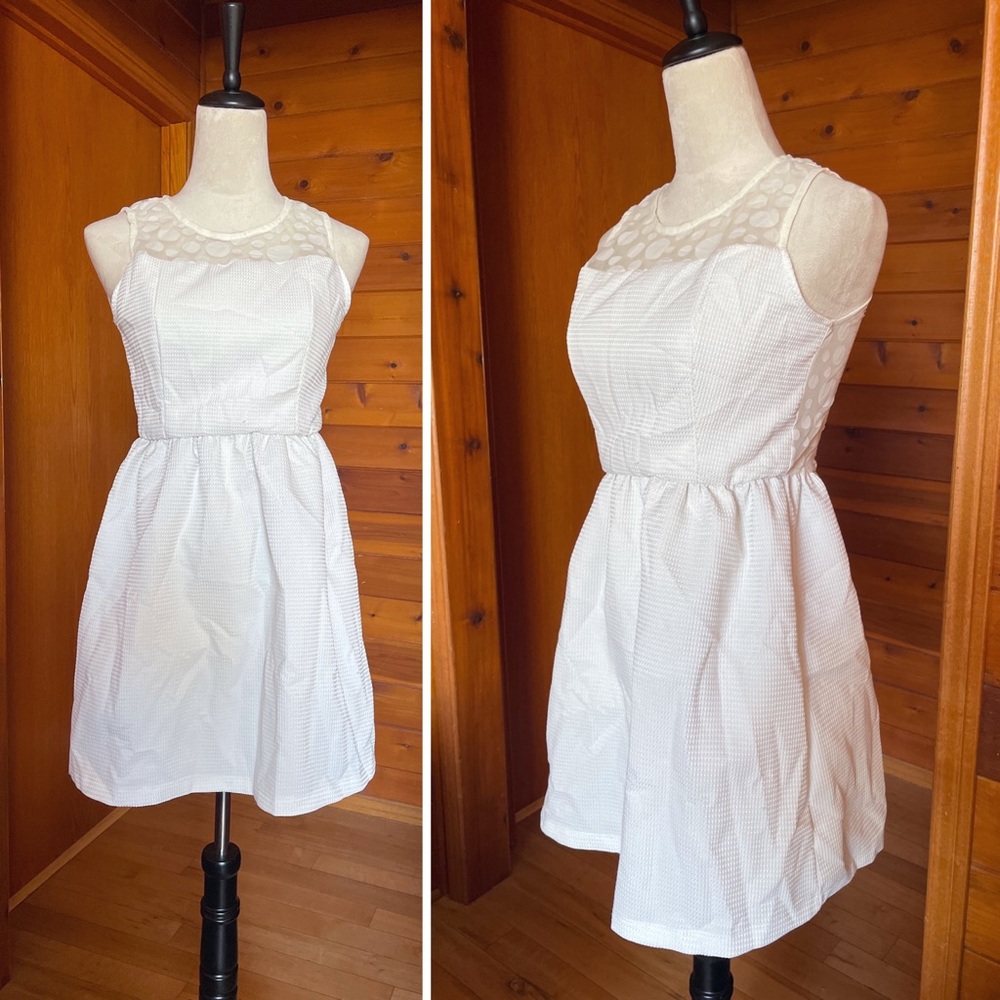 White Polka Dot Button Back Mesh Panel Mini Fit and Flare Dress Sz Small